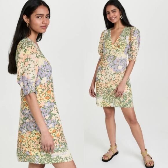 Rails Roma Gardenia Floral Puff Sleeve Yellow Green Dress size XL V-neck Mini - Picture 1 of 10